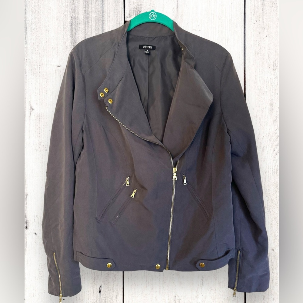 Apt. 9 Moto Style Jacket Coat Womens Medium Lined Zippers Pockets Gray Material